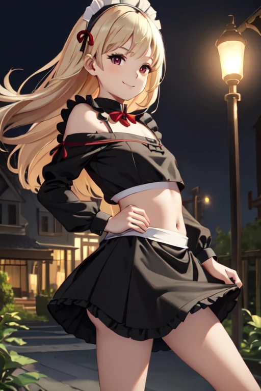 masterpiece, best quality, ultra detailed, highres, extremely detailed CG unity 8k wallpaper, perfect lighting, very detailed background, Outdoor、beautiful and aesthetic,sharp focus, perfect face, Perfect hands、Perfect Fingers、Perfect toes、Five fingers、
1lady、 smiling、
Short blonde, large red eyes、delicate oval face、(flat chest:1.5)、Looking up at the viewer、
(Black maid outfit:1.5)、(off shoulder:1.3)、(midriff peek;1.5)、
Ambient light、Volumetric Light、shoot from side、(Glowing Skin:1.3)
