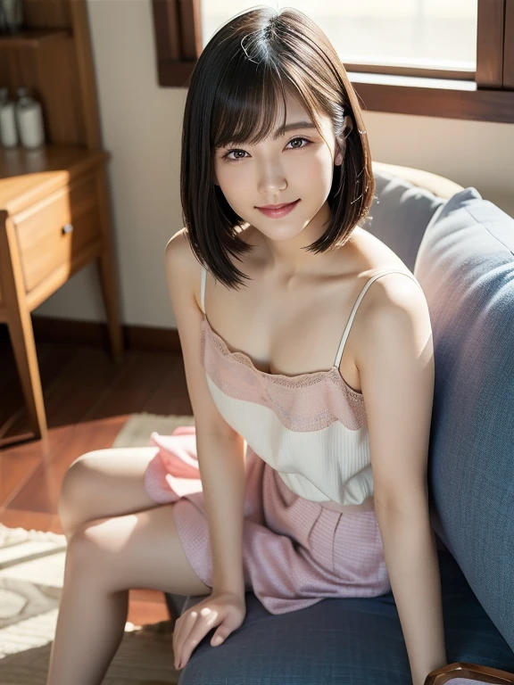 (highest quality:1.5)、(Realistic:1.5)、(1 person:1.5)、Very detailed、High resolution、8k wallpaper、Angle from above、(Sit with your feet together on the sofa)、Small breasts、Natural color lips、Cute smile、Japanese women、20 year old girl、Arched thin eyebrows、Beautiful and elegant face、Cute face、(Large, balanced eyes)、Big Eyes、Fair skin、Beautiful and elegant face、Natural Bangs、Beautiful and thin nose、Beautiful Skin、Medium Bob Hair、Natural Bangs、Perfect and beautiful face、Slim face and figure、(Natural smileでカメラを見て)、(Brightly lit living room)、Professional Lighting、 (Lighting from the front)、Natural smile、(Wear a camisole and a micro mini skirt)、