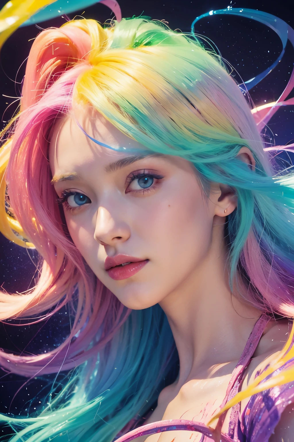 soft pastel colors, cartoon style illustration of a woman as she sees the world while experiencing hallucinations, stoned, splash art, splashed pastel colors, (soft iridiscent glowy smoke) motion effects, best quality, wallpaper art, UHD, centered image, MSchiffer art, ((flat colors)), (cel-shading style) very vibrant neon colors, ((low saturation)) ink lines, iridiscent,