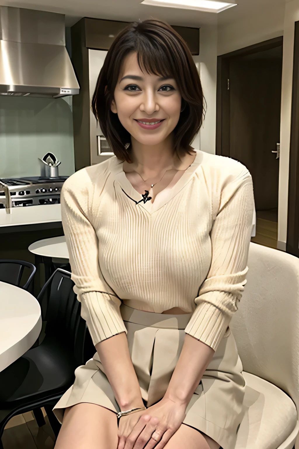 Masseter muscle area, highest quality, masterpiece, High resolution, Photorealistic, RAW Photos, 8k wallpaper, perfection, Professional Lighting, Very detailed, Depth of written border,kitchen, ((Beautiful Japanese Mature)), ((40 years old)), Sexy Woman, Detailed face, Beautiful Eyes, bangs, Large Breasts, short hair, Faint lips, ((Stand in front、View your viewers)),sweater, mini skirt, Plump system,A big smile,Short skirt,entrance,Emphasize the chest,Sit on a chair