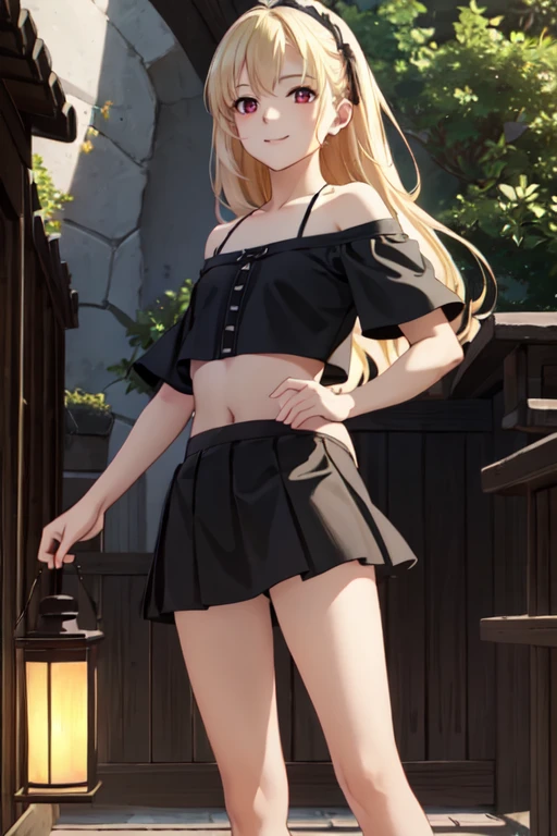 masterpiece, best quality, ultra detailed, highres, extremely detailed CG unity 8k wallpaper, perfect lighting,  very detailed background, Outdoor、beautiful and aesthetic,sharp focus, perfect face, Perfect hands、Perfect Fingers、Perfect toes、Five fingers、
1lady、 smiling、
Short blonde, large red eyes、delicate oval face、(flat chest:1.5)、Looking up at the viewer、
(Black maid outfit:1.1)、(off shoulder:1.3)、(midriff peek:1.5)、
Ambient light、Volumetric Light、shoot from side、(Glowing Skin:1.3)