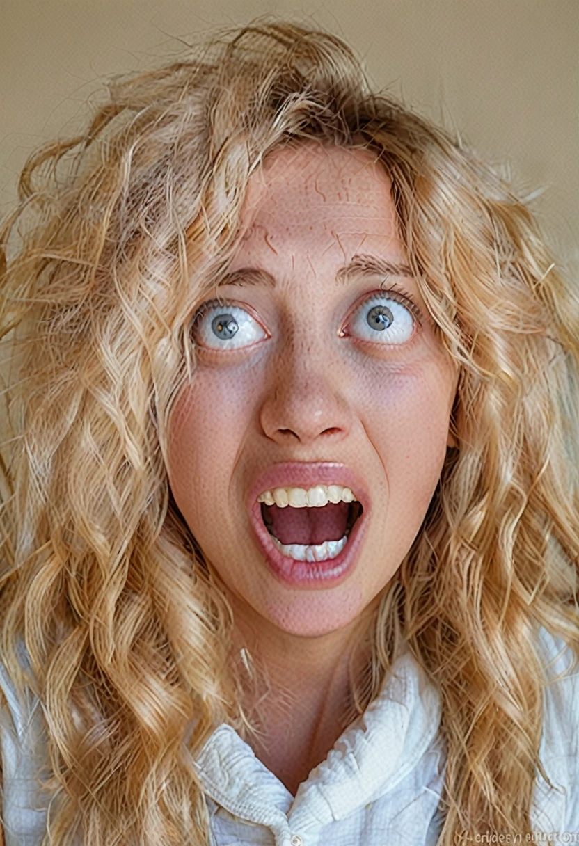 blonde hair woman with facial expression of astonishment, mouth open