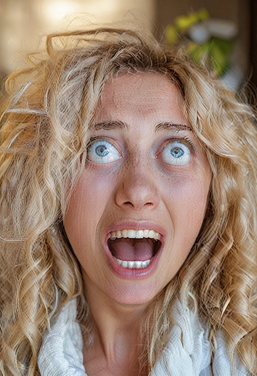 blonde hair woman with facial expression of astonishment, mouth open
