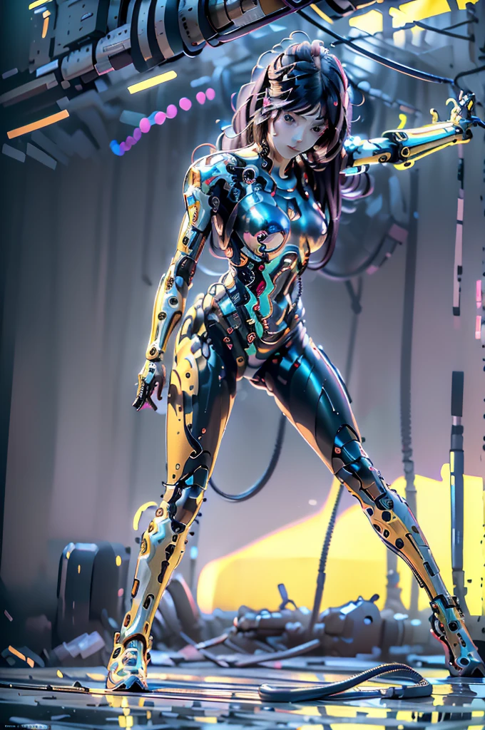 best quality, masterpiece, Ultra-high resolution, ((Practical: 1.4), original photo, 1 Cyberpunk Girl, Smooth skin, (Super Practical details)), Mechanical limbs, Tubes connecting mechanical parts, Mechanical vertebrae attached to the spine, Mechanical neck fixation device, Wires and cables to the head, Evangelion, ((Ghost in the Shell)), Small LED light, 8k, Super sharp, Metal, Intricate decorative details, Baroque style details, Very intricate details, Practical light, CG Association Trends, looking at camera、 Ruins Background、HDR