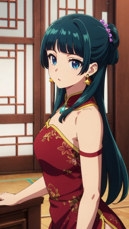 highest quality (8k, High resolution, masterpiece: 1.2), Very detailed, Anime art style, Dynamic Angle, Teen Style, (China dress, Exposed shoulders, Earrings, indoor,), Detailed green hair, Detailed blue eyes, Complicated hairstyle, Long Hair , The body is slim, Sparkling eyes, like々Shii, hair accessory, Earrings, Half Up, Slightly blunt bangs, Detailed lighting, Bright colors, Looking at the audience, Center the image, Cowboy Shot,