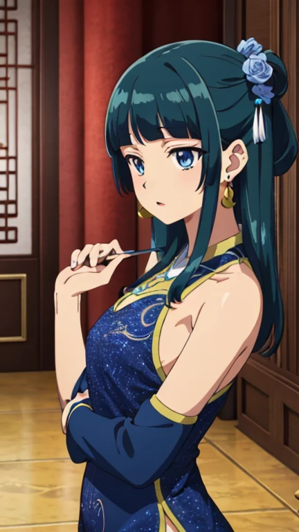 highest quality (8k, High resolution, masterpiece: 1.2), Very detailed, Anime art style, Dynamic Angle, Teen Style, (China dress, Exposed shoulders, Earrings, indoor,), Detailed green hair, Detailed blue eyes, Complicated hairstyle, Long Hair , The body is slim, Sparkling eyes, like々Shii, hair accessory, Earrings, Half Up, Slightly blunt bangs, Detailed lighting, Bright colors, Looking at the audience, Center the image, Cowboy Shot,