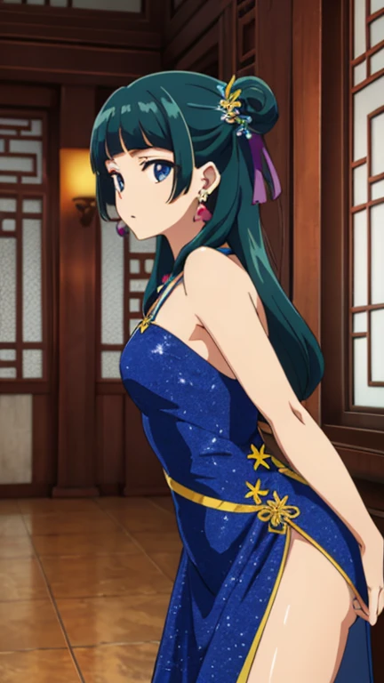 highest quality (8k, High resolution, masterpiece: 1.2), Very detailed, Anime art style, Dynamic Angle, Teen Style, (China dress, Exposed shoulders, Earrings, indoor,), Detailed green hair, Detailed blue eyes, Complicated hairstyle, Long Hair , The body is slim, Sparkling eyes, like々Shii, hair accessory, Earrings, Half Up, Slightly blunt bangs, Detailed lighting, Bright colors, Looking at the audience, Center the image, Cowboy Shot,