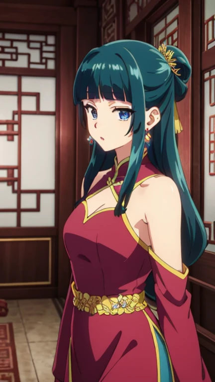 highest quality (8k, High resolution, masterpiece: 1.2), Very detailed, Anime art style, Dynamic Angle, Teen Style, (China dress, Exposed shoulders, Earrings, indoor,), Detailed green hair, Detailed blue eyes, Complicated hairstyle, Long Hair , The body is slim, Sparkling eyes, like々Shii, hair accessory, Earrings, Half Up, Slightly blunt bangs, Detailed lighting, Bright colors, Looking at the audience, Center the image, Cowboy Shot,