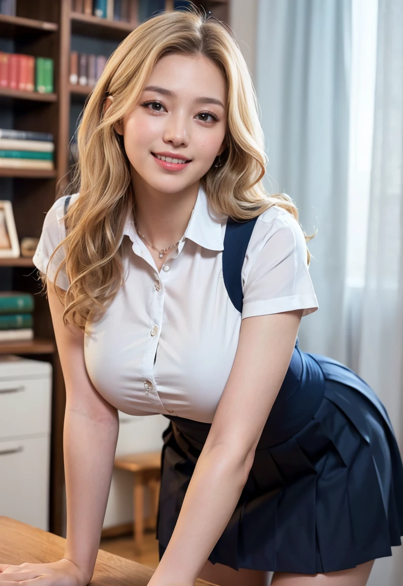 (((neat woman,Bright-eyed excitement,kind big smile,blush,blush,red cheek,please touch me,tempting viewer,i want you))),(((from back,i can see your panties,all fours and leaning forward ))),((((blush,red cheek)))),(cinematic lighting), (Photo real:1.4)、(A hyper-realistic:1.4)、(Photorealistic:1.3)、 (gentle lighting: 1.05)、(Improve the lighting quality of your video:0.9)、 32k、25years old woman、photorealistic lighting、Back lighting、Facial Lights、Ray Trace、(bright:1.2)、(Increase quality:1.4)、 (best quality real texture skin)、Fair eyes,delicate face、 Close-up of the face, ((Wearing the white collared tight shirt,navy tight vest-dress uniform,(no printed navy pleated skirt),high-heel),(Bodyline mood improvement:1.1)、Glossy skin、Korean Idol、Nogizaka Idol、good figure,perfect anatomy,Beautiful actress,(((beautiful huge breasts,underboob,slender waist,slender hip,long slender legs,8heads tall))),(((8heads tall))),(((blonde wavy hair,curtain bangs))),(((in the beautiful modern office of library,super clean night view,in the night))),