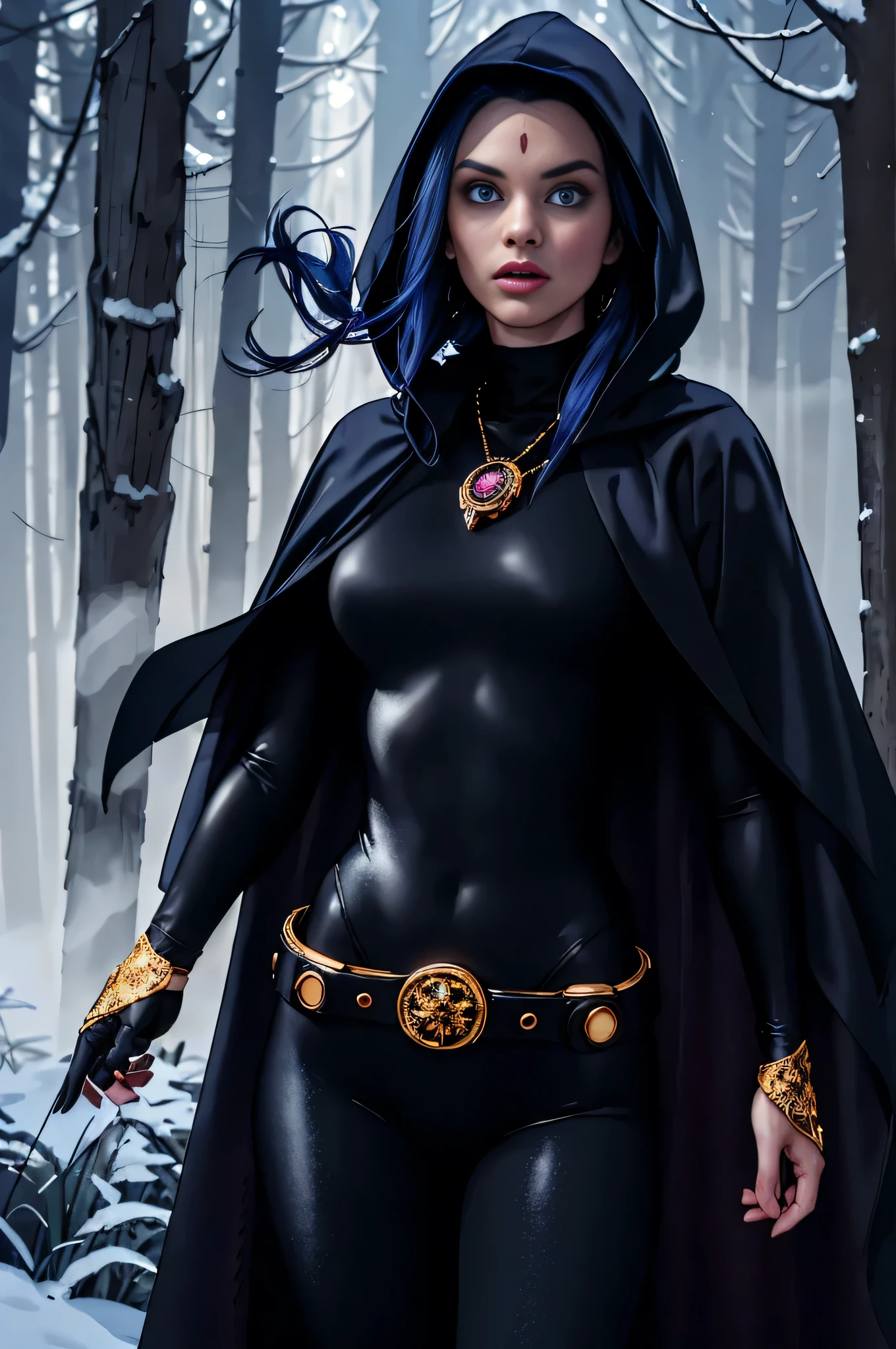 1girl, cowboy shot of rvn, hotraven, pale skin, black leotard, turtleneck, tights, cape, hood, glowing eyes, gold belt, jewels, medallion, athletic, looking at viewer, night, dark forest, mist, fog, volumetric lighting, best quality, masterpiece, intricate details, tonemapping, sharp focus, hyper detailed, realistic