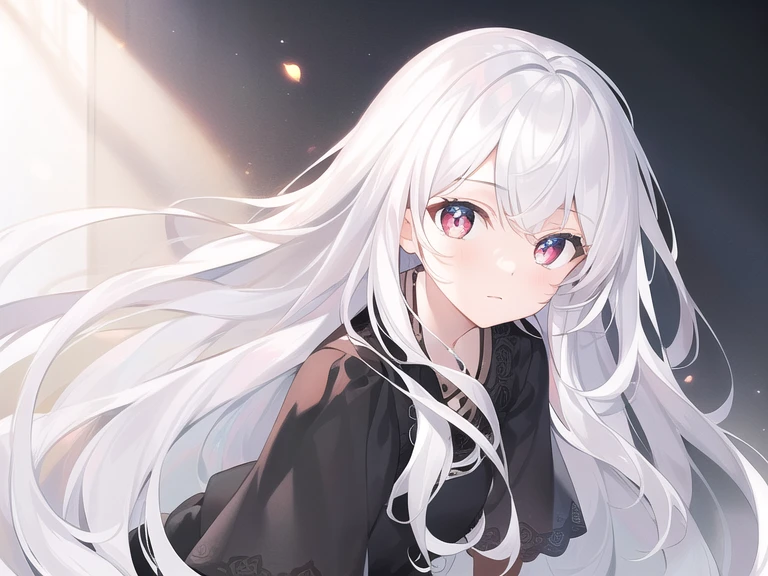 ((masterpiece, best quality))++, Detailed lighting+, Detailed hair+, Detail hand+ ,1 girl, Miss, Long hair, dark red eyes, beautiful eyes, young white hair,,(Beautiful white hair:1.5),(Beautiful and delicate eyes), high resolution+, Black Silk , a black skirt, glass tint, Reflective eyes, {{angle}} , Very detailed wallpaper, The original, ,
