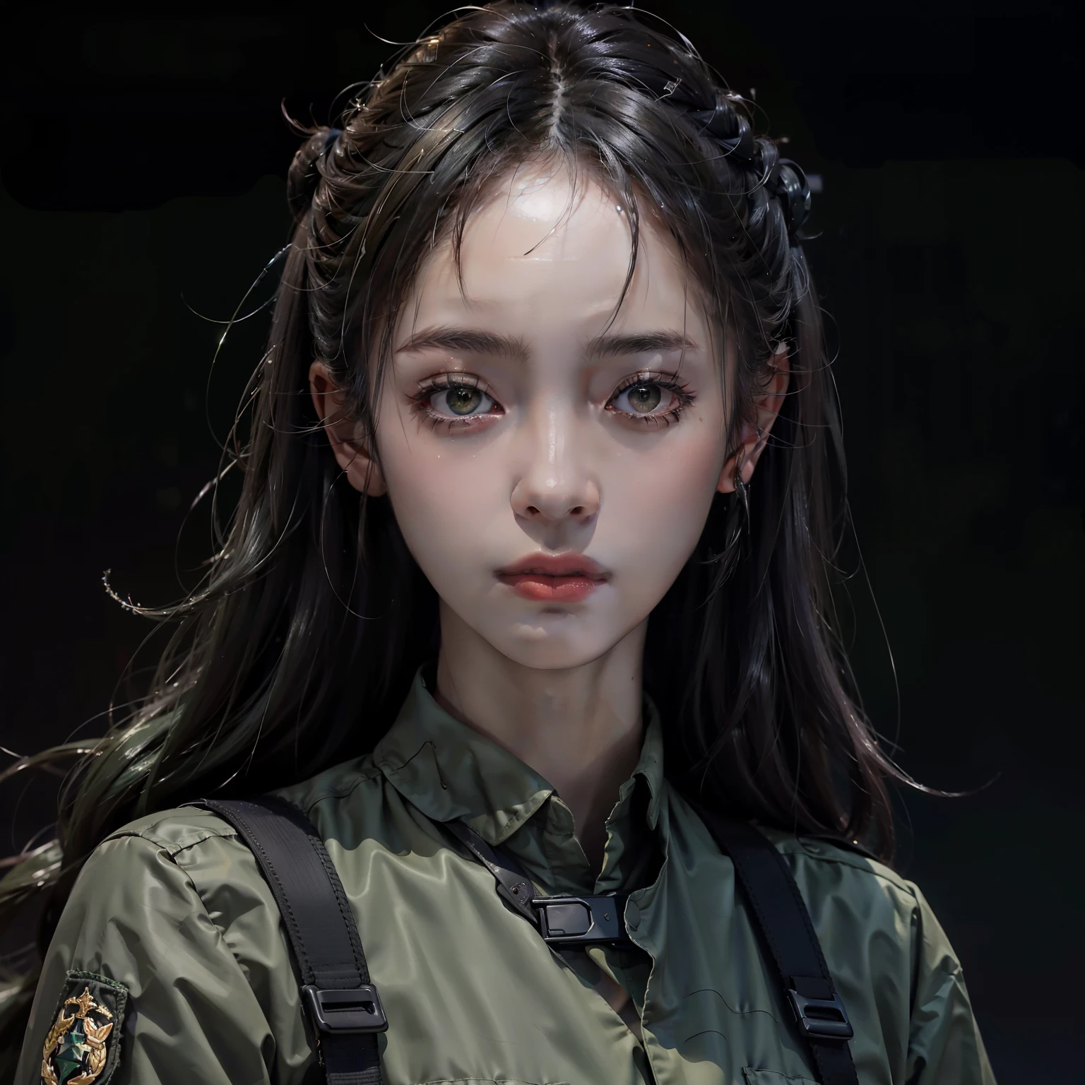 1woman, dark green hair, sci fi, small eyes, wearing completely black military uniform, isolated on completely pitch black background, high res, ultrasharp, 8K, masterpiece, looking at viewer, HDR, sharp focus, absurdres, bokeh
