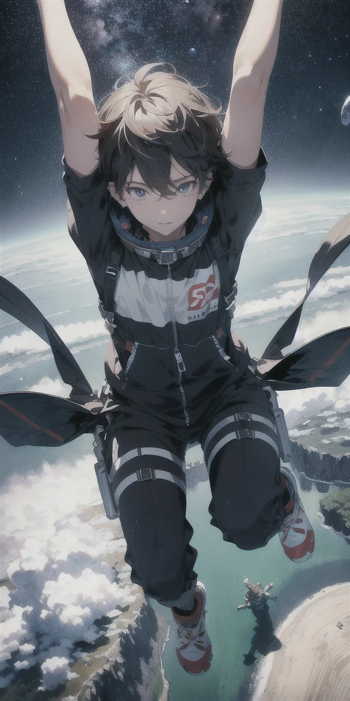 ridiculous resolution, high resolution, (masterpiece:1.4), Ultra Detailed, 1 boy, Look from above, space, floating, - At 6 o'clock