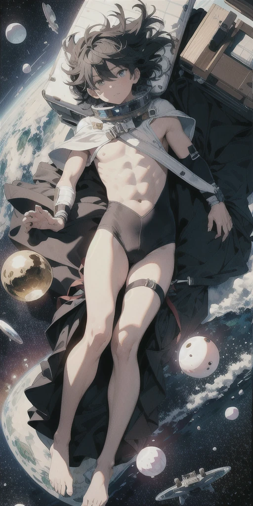 ridiculous resolution, high resolution, (masterpiece:1.4), Ultra Detailed, 1 boy, Look from above, space, floating, - At 6 o'clock