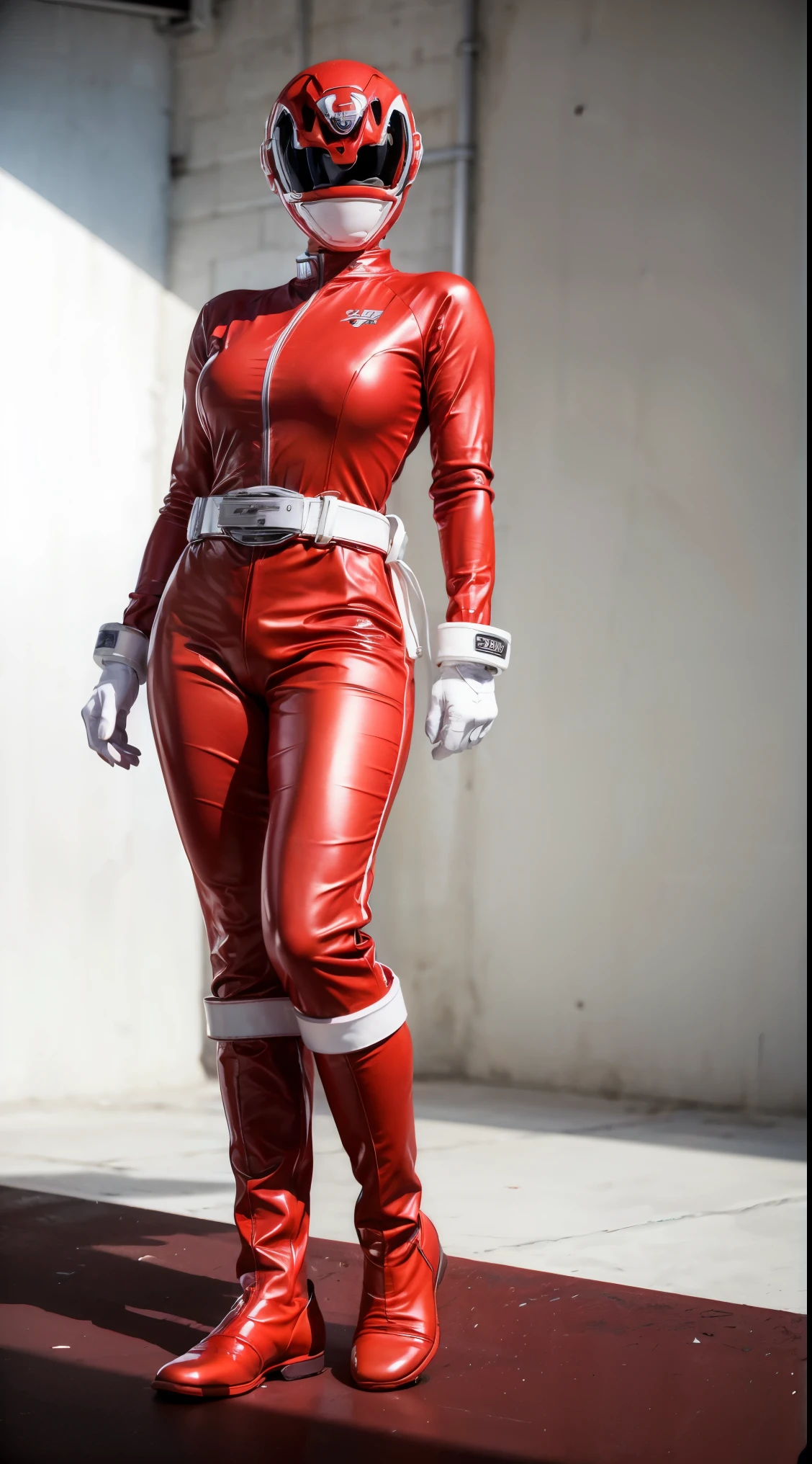 ((power rangers)), One guy、 Red costume, Solo, ((Slim figure)), (Anatomically correct), Cowboy shot, masked face, (Red composite tracksuit), (Well-designed hero set), Suitable for complex production lines, Thin one-piece influencer suit, Long leather gloves to white elbows,,,,, The arm sleeve is made of hard material, White leather boots, Wearing a full-face helmet, (White belt), (Large metal clasp), (Full body suit), (Full face helmet,No exposed face), Crystal embedded in the helmet, (Very shiny sportswear), Silk weave set, gym clothes that adhere to the body,dynamicposes