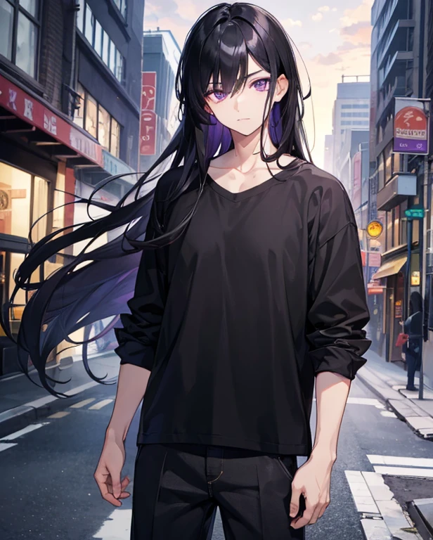 1boy, black hair, long hair, dark purple eyes, bright eyes, beautiful eyes, casual clothing, stunning
