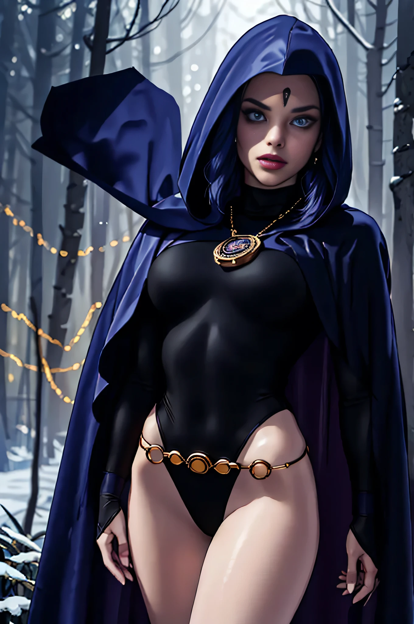 1girl, cowboy shot of rvn, hotraven, pale skin, black leotard, turtleneck, tights, cape, hood, glowing eyes, gold belt, jewels, medallion, athletic, looking at viewer, night, dark forest, mist, fog, volumetric lighting, best quality, masterpiece, intricate details, tonemapping, sharp focus, hyper detailed, realistic