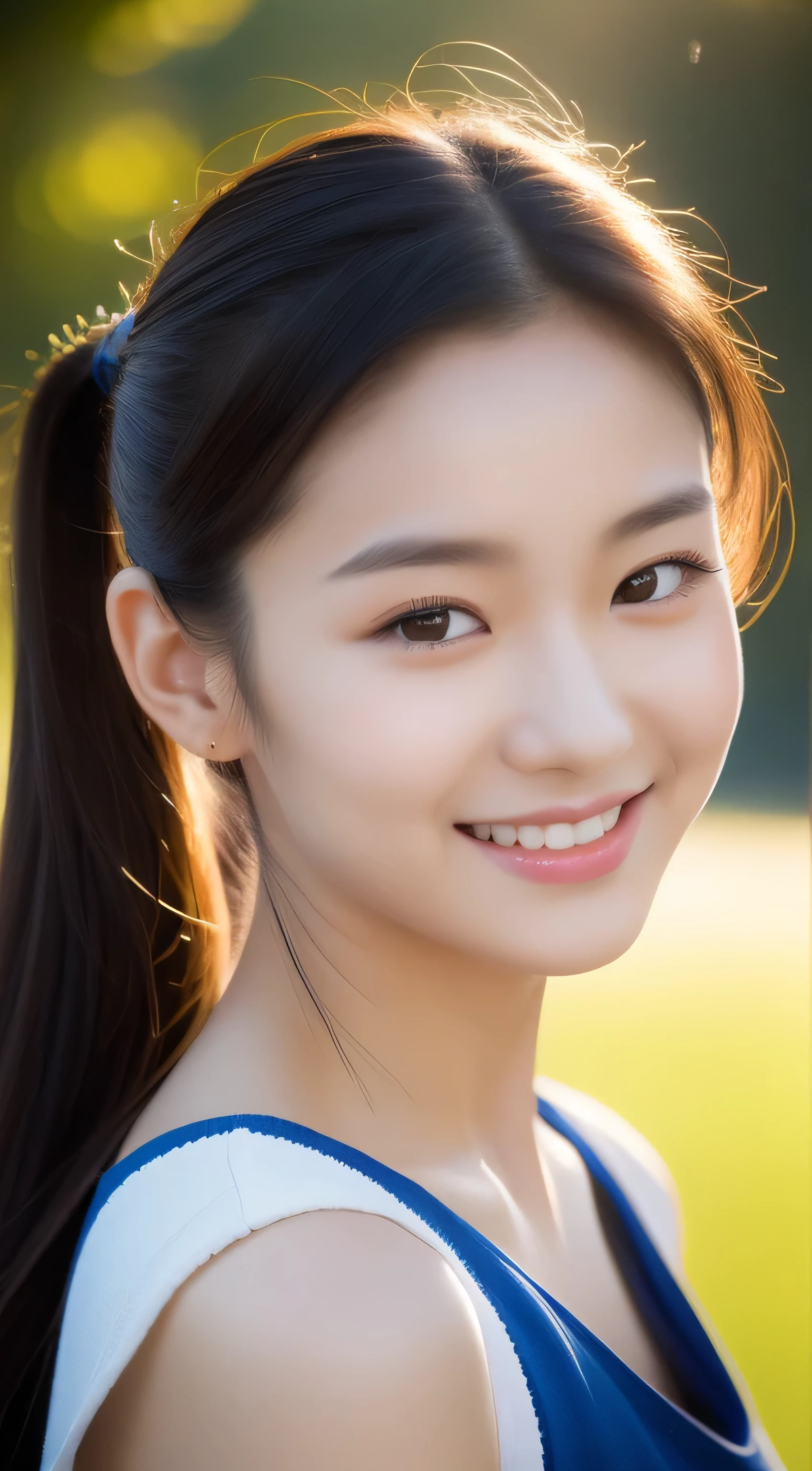(Original Photography), (realism), (masterpiece), (Top quality), high resolution, 16k resolution, 1 real photo of a Korean star，16 years old，cute，((short ponytail)), White skin, Light makeup, (Round waist)，Smile，Close-up portrait，Extremely detailed eyes and face，Wearing a vest, In the park, Complex background，Sunset light, Backlight，Overhead light