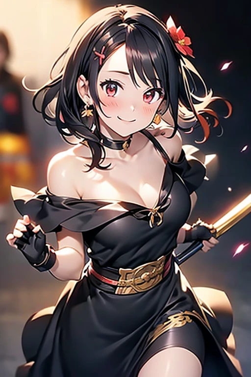 yor briar, anime style beutiful woman, 1girl, happy, smile, red face, closed mouth, beautiful detailed eyes, super detailed skin, backlighting, bare shoulders, black background, black dress, black gloves, black hair, breasts, dress, earrings, fingerless gloves, floating hair, floral print, flower, gloves, gold earrings, gold hairband, hair flower, hair ornament, hairband, holding, holding weapon, jewelry, large breasts, long hair, looking at viewer, off-shoulder dress, off shoulder,red eyes, short hair with long locks, sidelocks, solo, spikes, thighs, two-sided dress, two-sided fabric, weapon, fighting stance , face, close up, from above, highest quality, high resolution.
