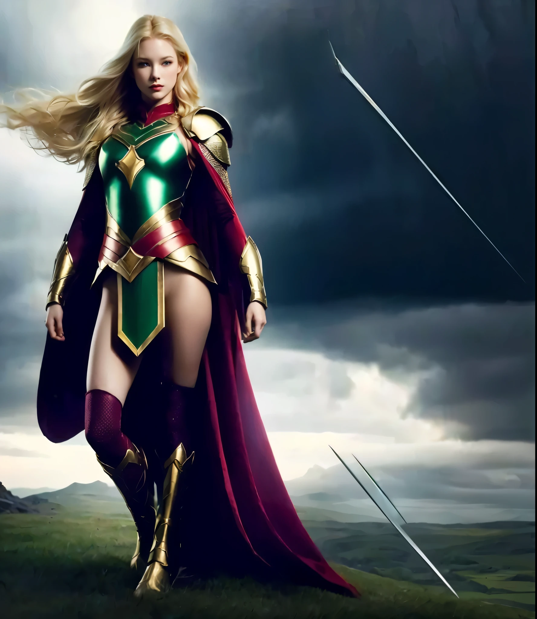 blonde woman in green armor and red cape. ((very pale skinned)), ((light skinned)), ((extremely white skin)).