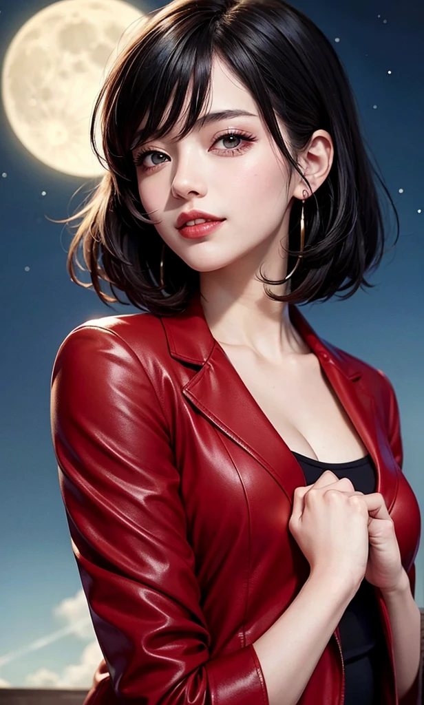 anime pictures, Beautiful woman, Red Jacket, shining, Full moon behind, Close-up portrait, Movie, Illustration 2D anime style, Black anime hair, Short hair,complete anime, very happy, Fantasy Background, Smile,