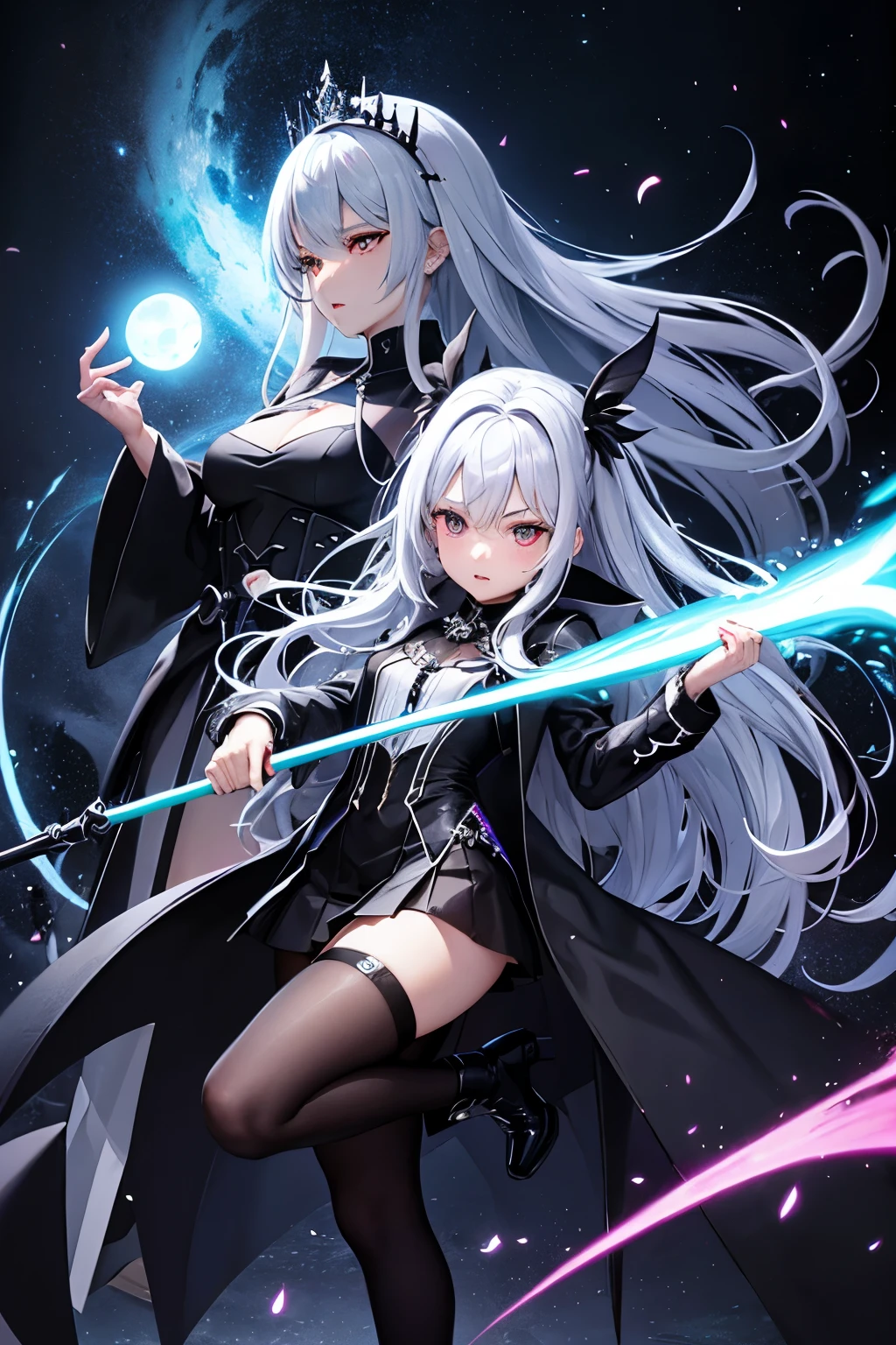（（（highest quality、first-clasasterpiece、Normal body、8k、Detailed face、Ultra-precision、Normal hand、Normal finger、５Finger、）））Silver Hair、Princess、Black Dress、Black Skirt、Ridiculous Costumes、Shiny Tiara、Metal Boots、grim Reaperの鎌、Death Scythe、Fantasy scythe、disaster々sickle、Grim Reaper、grim Reaper、universe、big bang、Black Hole、magic陣、バックにmagic陣、magic、Magic Light、Magical Explosion、magic cirlcle、A dynamic background with a sense of speed、Travel at the speed of light、Sub-light speed