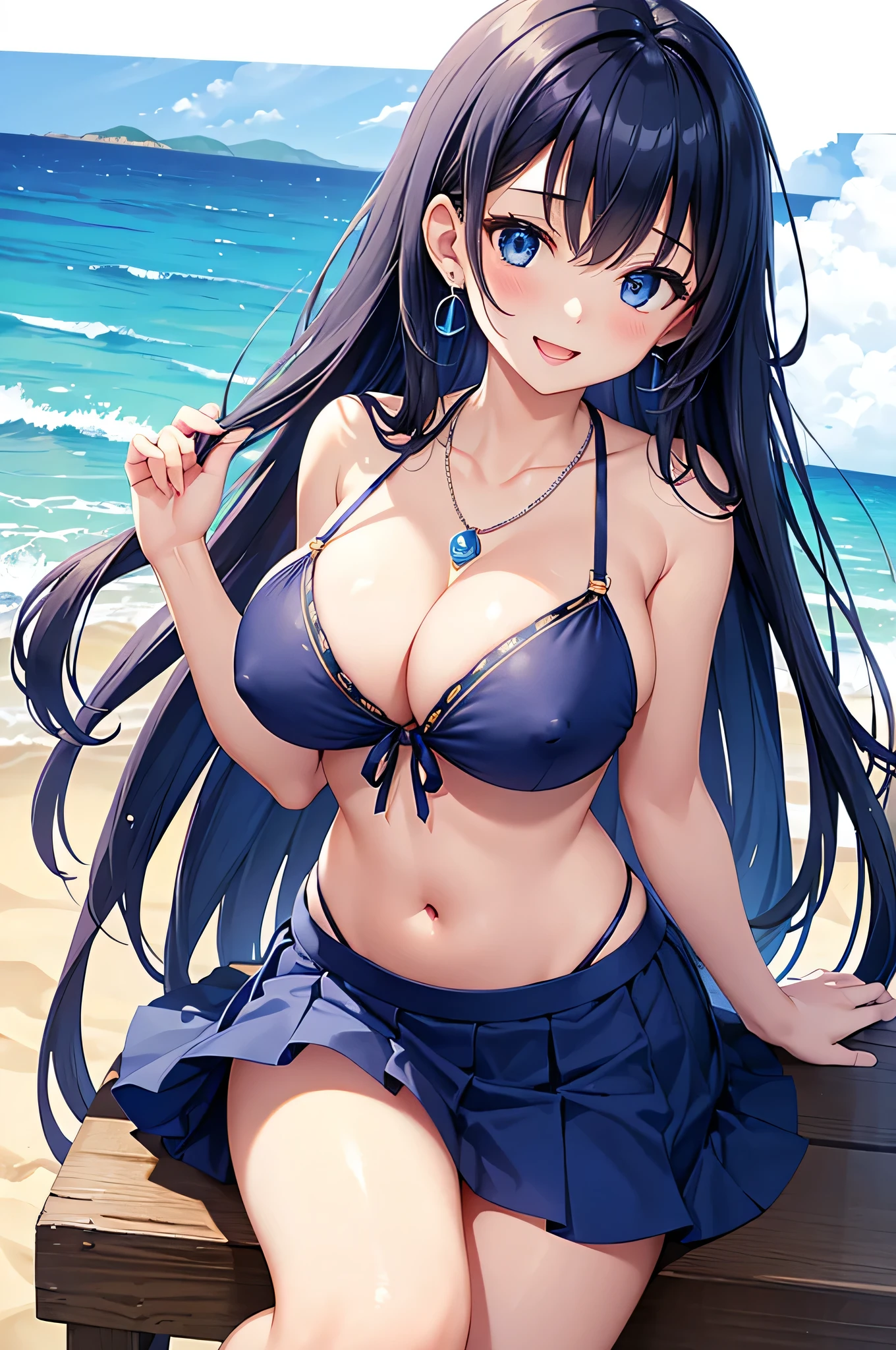 highest quality、Best image quality、masterpiece、beautiful girl、Navy blue long hair、blue eyes、Navy Blue Bikini、Big cleavage、(Big Breasts)、smile、blue necklace、Blue Earrings、background(Beach)、Sexy pose、Please open your mouth wide、Navy Blue Skirt、Erect nipples