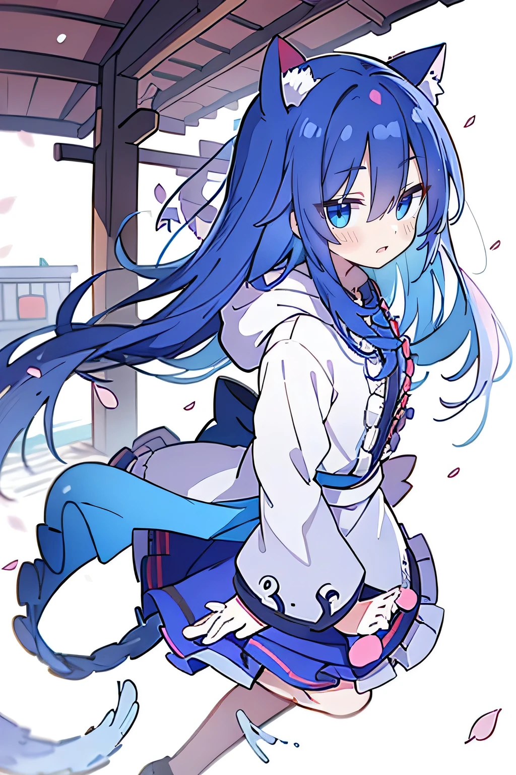 （masterpiece：1.2），Super detailed，lifelike，Expressive eyes，fair skin，perfect face shape，1 girl，
Japanese comics,Gorgeous blue hair,flowing blue hair,flowing clothes,Cat ears,Petals fall,beautiful lola,Baby Angel,
Shaking head with one hand，Cross your legs，Gentle and peaceful background，The pavilion is cool and comfortable,smile, wearing hoodie, background of tokyo,back views,snowing, winter.