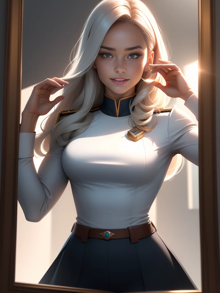 (1 Girl:1.4), (SFW), (wearing clothes), (masterpiece), illustration,(Practical:1.5), (Mirror lighting:1.4), (hyperPractical:1.2), (photoPractical face:1.2), (Perfect face), (best quality), (8k), (4K), photoPractical, Clear focus, Octane Rendering, best quality, Extremely detailed, Wheels within wheels, Super detailed, fantasy, soft light,(Medium breasts:1.4), (Dentate skin:1.3), Matilda Ajan from Gundam, Matilda Ajan, Looking at the audience, salute, , Perfect body, Military concerns, military salute, officer, Perfect hands, warm smile, Destroyed city in the background,