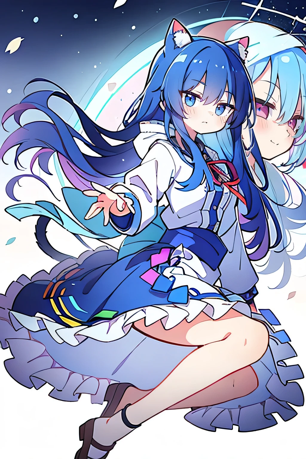 (masterpiece:1.2),Super detailed,lifelike,Expressive eyes,fair skin,perfect face shape,1 girl,
Japanese comics,Gorgeous blue hair,flowing blue hair,flowing clothes,Cat ears,Petals fall,beautiful lola,Baby Angel,
Shaking head with one hand,Cross your legs,Gentle and peaceful background,The pavilion is cool and comfortable,smile, wearing hoodie, background of tokyo,back views,snowing, winter.