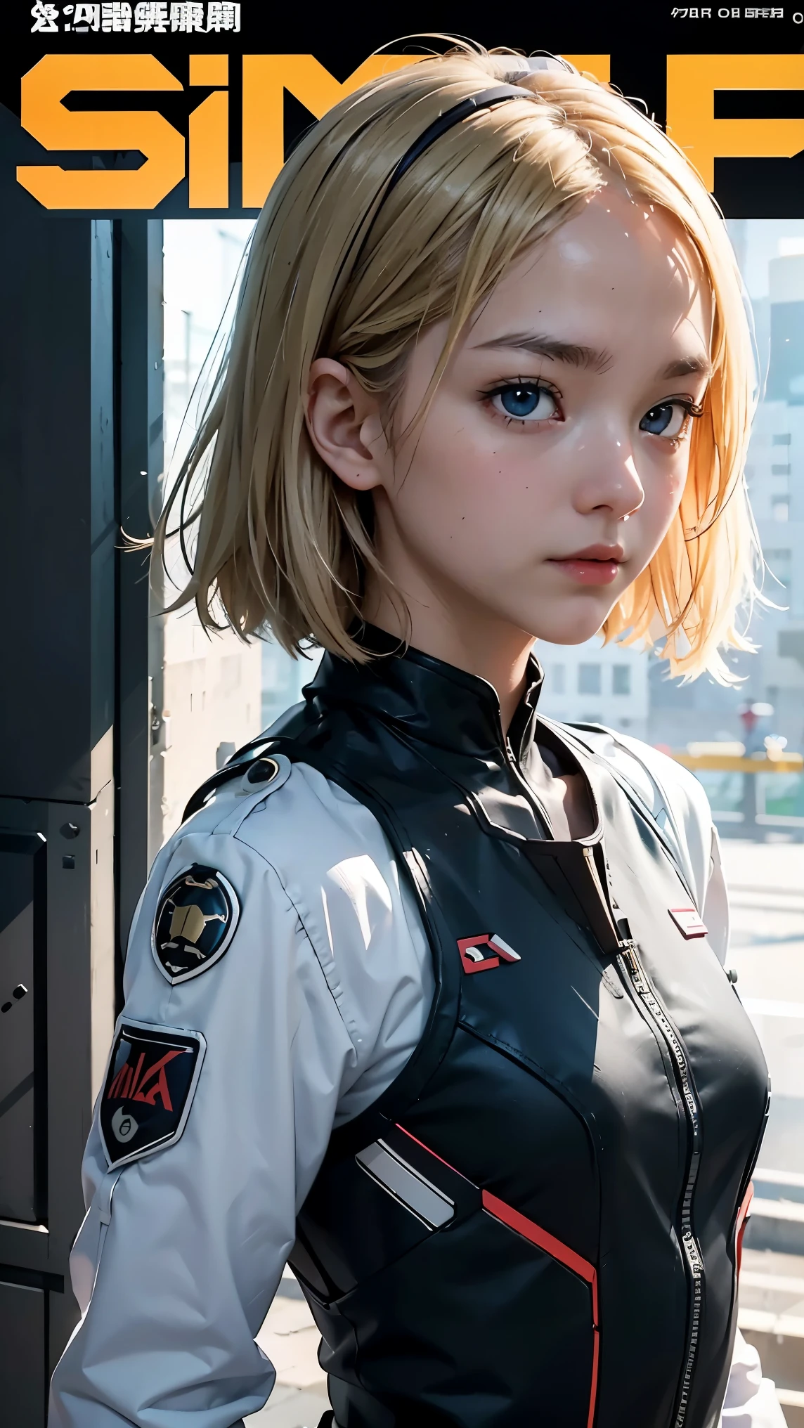 The alone young girl , short light blond hair , Vermilion eyes , standing , shotgun , sci-fi city , High detail mature face, combat suit, white glove, black boot, high res, ultra sharp, She stands confidently in the center of the posteghting a enemy like mechanic cyborg，a determined expression on her face。The background is dark and gritty，There is a sense of danger and a strong feeling。The text is bold and eye-catching，With catchy slogans，Adds to the overall drama and excitement。The color palette is dominated by dark colors，Dotted with bright colorake the poster dynamic and visually striking，(Magazines:1.3), (Cover-style:1.3), Fashion, vibrant, Outfit, posing on a, Front, rich colorful，Background with，element in，self-assured，Expressing the，halter，statement，Attachment，A majestic，coil，Runt，Touching pubic area，Scenes，text，Cover of a，boldness，attention-grabbing，titles，Fashion，typeface，，Best quality at best，Hyper-detailing，8K ，hyper HD