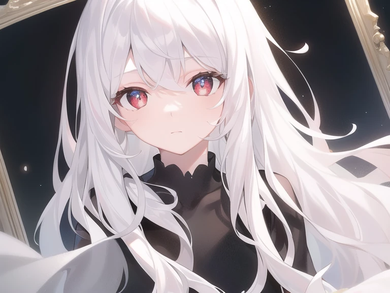 ((masterpiece, best quality))++, Detailed lighting+, Detailed hair+, Detail hand+ ,1 girl, Miss, Long hair, dark red eyes, beautiful eyes, young white hair,,(Beautiful white hair:1.5),(Beautiful and delicate eyes), high resolution+, Black Silk , a black skirt, glass tint, Reflective eyes, {{angle}} , Very detailed wallpaper, The original, ,