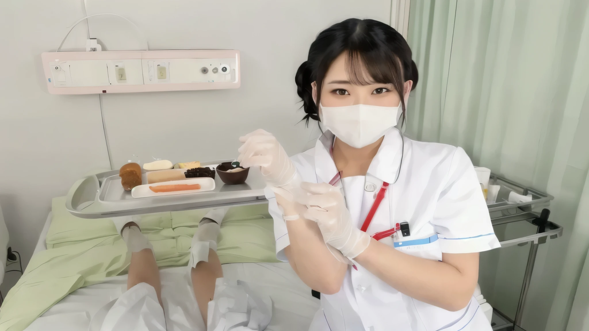 arafed Nurse師 in white uniform holding a tray with food on it, Health care workers, Nurse, Nurse師 girl, Twin tails white_gloves, Nurse師, Medical Photography, with an iv drip, Wearing white hospital clothes, Clean medical environment, Holding a syringe, sakimichan hdri, Bandaged leg, Holding a syringe