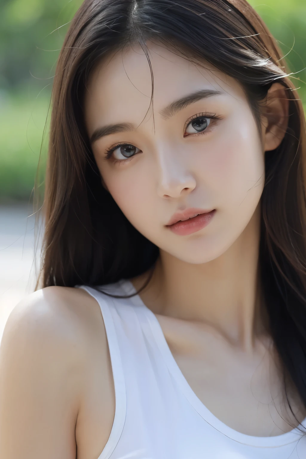 (Highest quality)、Ultra-Realistic Capture、2 women、Standing side by side、22 years old、Wearing a tank top、Close-up of face、