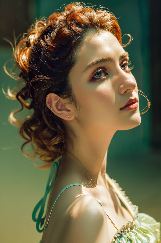 ( masterpiece, top quality, best quality,8k,17 years old girl,ultra detailed,raw photo:1.5),(photorealistic:1.4),(cinematic lighting), PerfectNwsjMajic, , Surrealism, UHD, ccurate, Super detail, textured skin, High detail, Best quality, dynamic angle, (high nose,White skin),[Beautiful blue eyes],(1girl),(good anatomy:0.5)), a woman in a dress, rococo queen, rococo fashion, rococo style portrait,rococo dress, rococo cyberpunk, No estilo de arte de Bowater, Senhora Vitoriana, Dreamy atmosphere,expressive brush strokes, mystical ambiance, Artistic interpretation, a whimsical illustration, Subtle colors and tones, face, (loose hair)