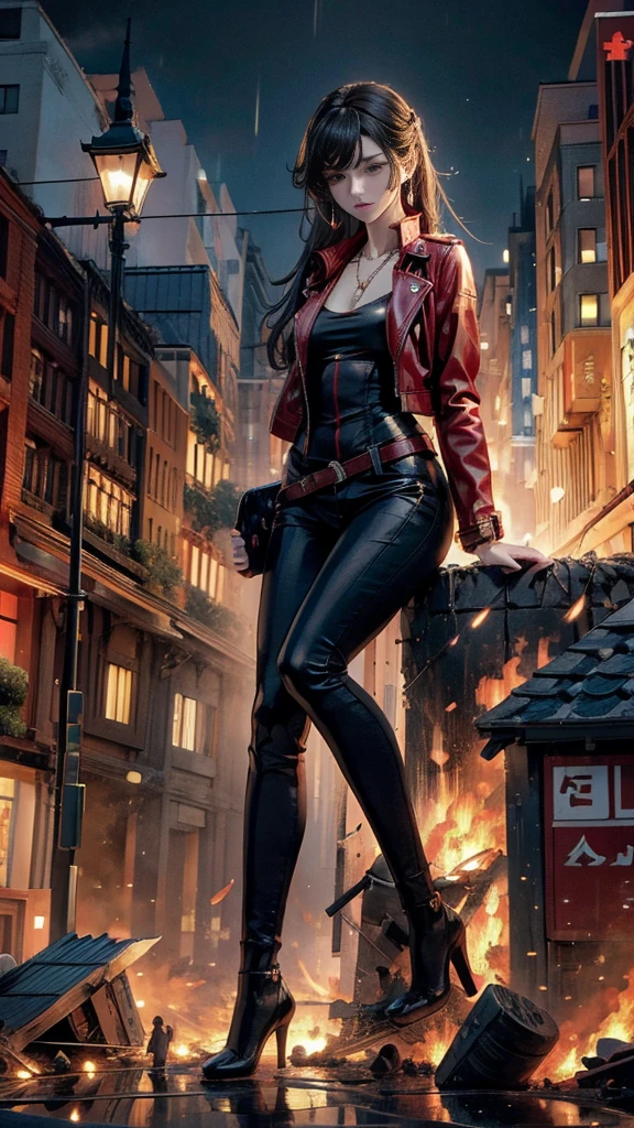 (32k, High resolution, highest quality, masterpiece, 超High resolution), (((Giantess Elements, Typhoon heavy rain))), From above, Perfect dynamic composition:1.2, ((night, In a small metropolis just at foot height)), (Expressions of sadness:0.7), Highly detailed skin and facial textures:1.2, (Holding a longsword:1.0, Towering Giant Young Woman:1.0, taller than a skyscraper:1.0, 400,000 feet high:1.5, Incredibly slim body:1.0), Fair skin, Sexy beauty, Very beautiful face, Water droplets on the skin, (The rain drips down on my body:0.5, Wet body:0.5, Wet Hair:0.5), ((Red Leather Jacket:1.0, Tight black leather pants:1.0)), Shapely breasts, Chest gap, Big eyes that exude beautiful eroticism, Lips that exude beautiful eroticism, necklace, Earrings, bracelet, wedding ring, Shoulder bag, clock, ribbon, High heels, Full body portrait, (Destroy a small city, Burning Small Town, rubble, Destroyed small building, Collapsed highway, Evacuated Residents), ((Major impact, Emphasizing the majesty and power of giants, Increase the destructive element, Lower the building, Making cities smaller))