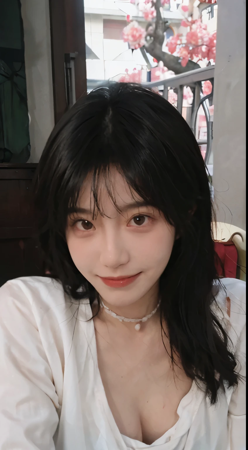 best qualtiy, Ultra-high resolution, (realisticlying:1.4),cute hairpin,Baoyu Girl,European style apartment,(flatchest:1.2) ,A pair of clear and moving peach blossom eyes,Royal Sister,sunshine on face,Big wavy hairstyle,(choker necklace:1.2),(Fair skin:1.4),a sense of atmosphere,a beauty girl, ssmile,head straight-looking at viewer, closeup cleavage ,(Photorealistic:1.4),1girll,Sexy,(Upper body:1.4),(Wet body),(:1.2)