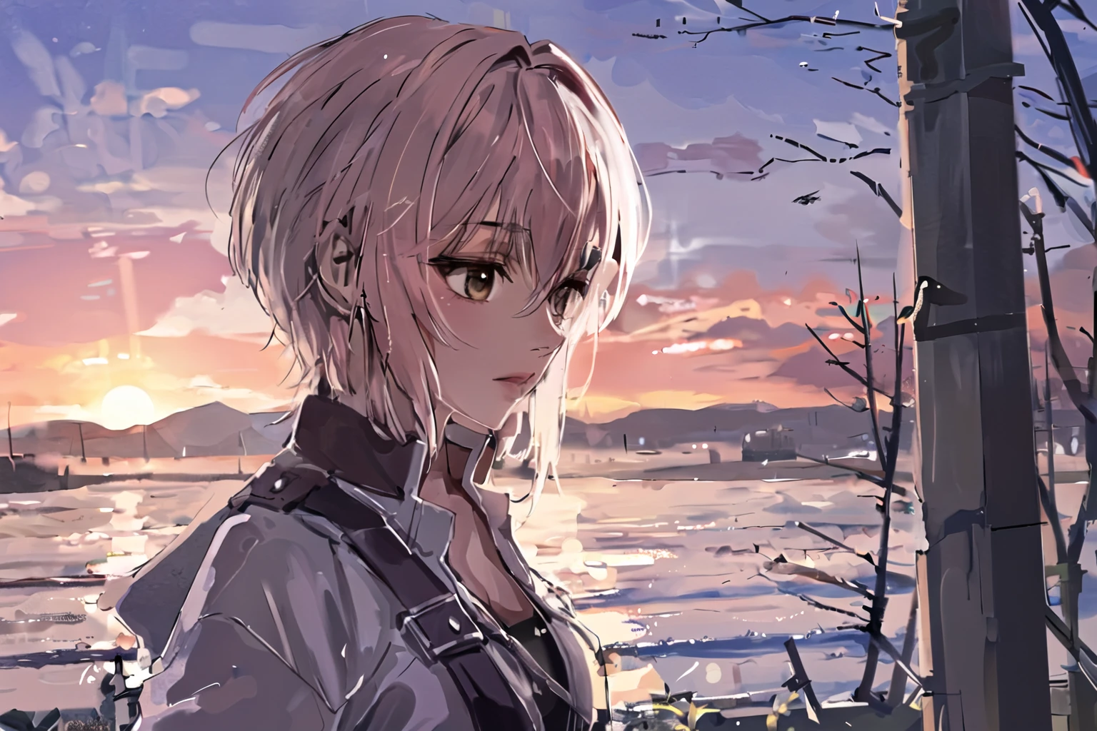 One girl with short white hair was looking at the beautiful sunset.