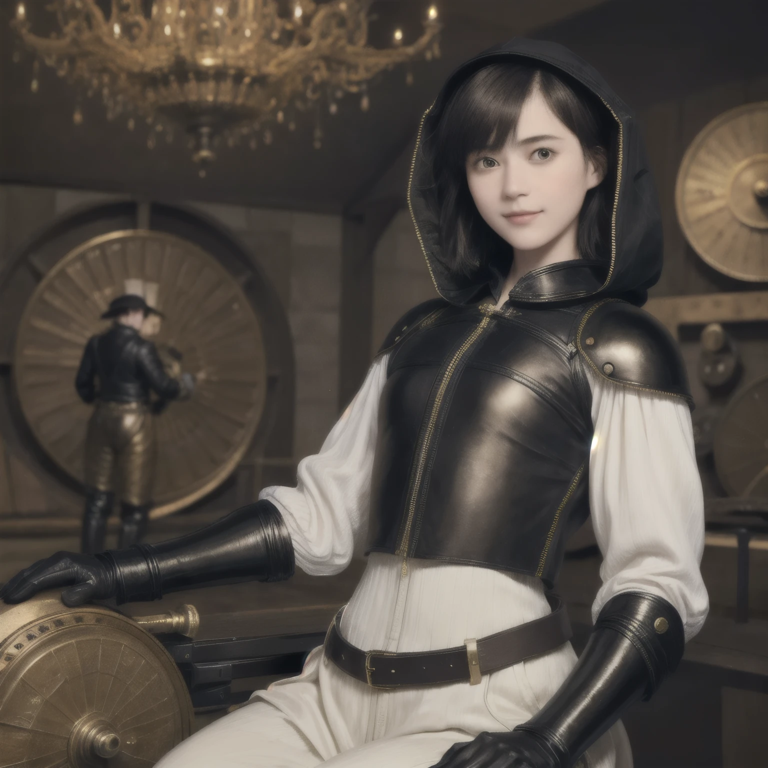 223 Short Hair, 20-year-old woman, A kind smile, (Luxurious stables), (Rembrandt-style painting), ((machinery suit,Clothes with short sleeves)),I can see your abs