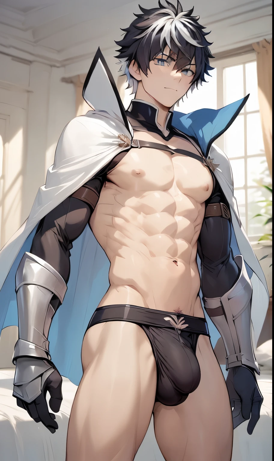 Anime man wearing a cloak and holding a sword in the bedroom, Muscle Hero, Tall anime man with blue eyes, Fair and shiny skin, Thin male fantasy alchemist, Firmware version, spear, Heroic masculine pose, Fluffy chest, Male Art, Sancred water style wlop, Extremely detailed artger, High resolution commissions,