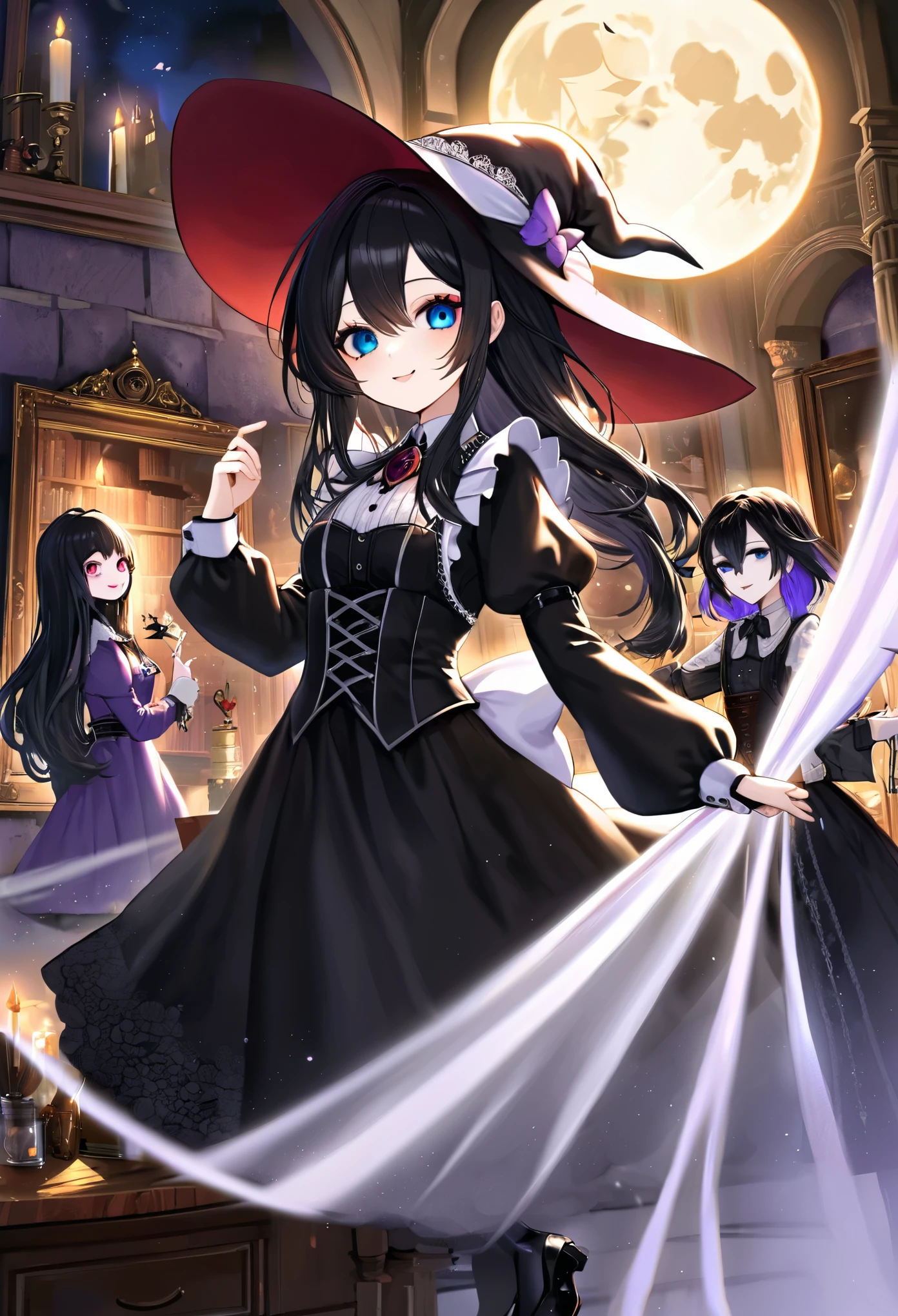 High resolution, 4K, 8K,best quality,ultra-detailed,realistic,photorealistic,best quality painting,detailed,physically-based rendering,ultra-fine painting,fine details,gothic fantasy setting,a teenage boy joins a witch coven and he gets magically transformed into a cute teenage witch girl,gender bending ritual,she embrace her new identity has a maiden of witchcraft and she’s eager to learn magic, blue-eyed,long black-haired girl looks happy,beautiful detailed eyes,beautiful detailed lips,long eyelashes,a group of friendly witches are helping dressing up the new girl in a stunning black victorian dress, physically-based rendering,gorgeous dress design,flowing gown,elaborate lace details,rich textures,contrast stitching,delicate ribbon bows,floral accents,full skirt,high neckline,long sleeves,fitted waistline,flared cuffs,lace-up back,luxurious fabrics,flawless silhouette,high heels, pink-eyed girl,effeminate face,pointy hat,high heels,corset,long black hair,witches assisting in dressing up the new girl in a stunning black Victorian dress, feminine and elegant movements, inside an abandoned castle with worned out furniture and occult symbol, moonlit night with a full moon shining above, soft and ethereal lighting, whimsical and enchanting atmosphere, breathtaking and bewitching nature, a sense of empowerment and self-discovery.
