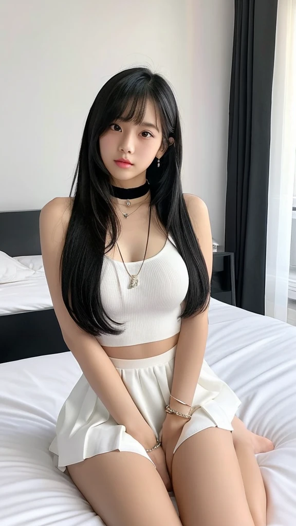 realistic, 1girl Indonesian , cute age14, beautiful and sexy face, slightly parted lips, Solo, Long hair, Colossal, Looking at the viewer, beautiful eyes, Black hair, jewels, sitting on the bed, Full body, white tank top, nipples stands out, choker necklace, exposed thighs, white mini skirt, sexy