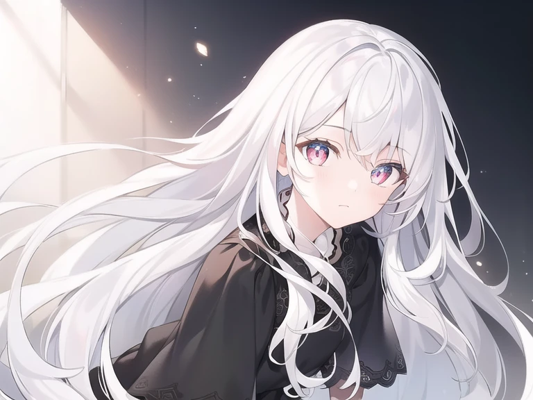 ((masterpiece, best quality))++, Detailed lighting+, Detailed hair+, Detail hand+ ,1 girl, Miss, Long hair, dark red eyes, beautiful eyes, young white hair,,(Beautiful white hair:1.5),(Beautiful and delicate eyes), high resolution+, Black Silk , a black skirt, glass tint, Reflective eyes, {{angle}} , Very detailed wallpaper, The original, ,