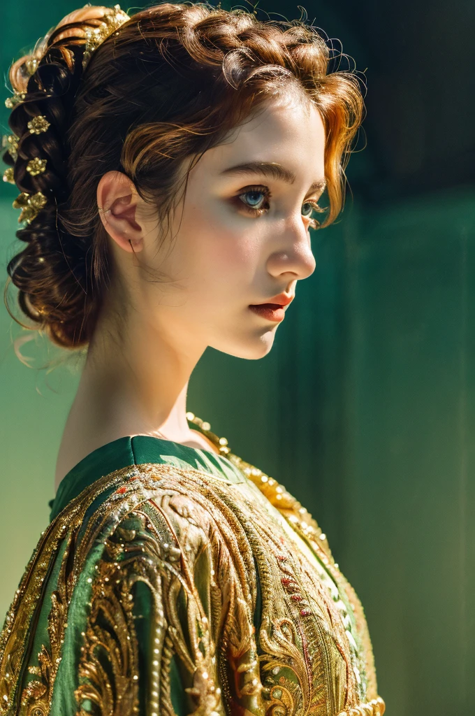 ( masterpiece, top quality, best quality,8k,17 years old girl,ultra detailed,raw photo:1.5),(photorealistic:1.4),(cinematic lighting), PerfectNwsjMajic, , Surrealism, UHD, ccurate, Super detail, textured skin, High detail, Best quality, dynamic angle, (high nose,White skin),[Beautiful blue eyes],(1girl),(good anatomy:0.5)), a woman in a dress, rococo queen, rococo fashion, rococo style portrait,rococo dress, rococo cyberpunk, No estilo de arte de Bowater, Senhora Vitoriana, Dreamy atmosphere,expressive brush strokes, mystical ambiance, Artistic interpretation, a whimsical illustration, Subtle colors and tones, face, (loose hair)