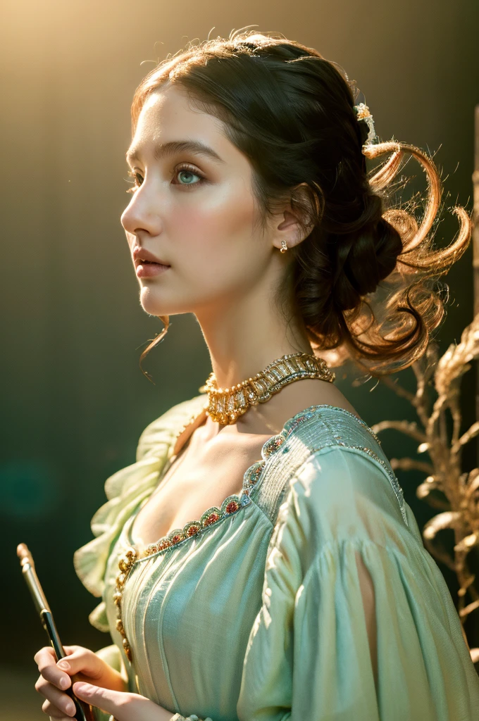( masterpiece, top quality, best quality,8k,17 years old girl,ultra detailed,raw photo:1.5),(photorealistic:1.4),(cinematic lighting), PerfectNwsjMajic, , Surrealism, UHD, ccurate, Super detail, textured skin, High detail, Best quality, dynamic angle, (high nose,White skin),[Beautiful blue eyes],(1girl),(good anatomy:0.5)), a woman in a dress, rococo queen, rococo fashion, rococo style portrait,rococo dress, rococo cyberpunk, No estilo de arte de Bowater, Senhora Vitoriana, Dreamy atmosphere,expressive brush strokes, mystical ambiance, Artistic interpretation, a whimsical illustration, Subtle colors and tones, sunny,face, (loose hair)
