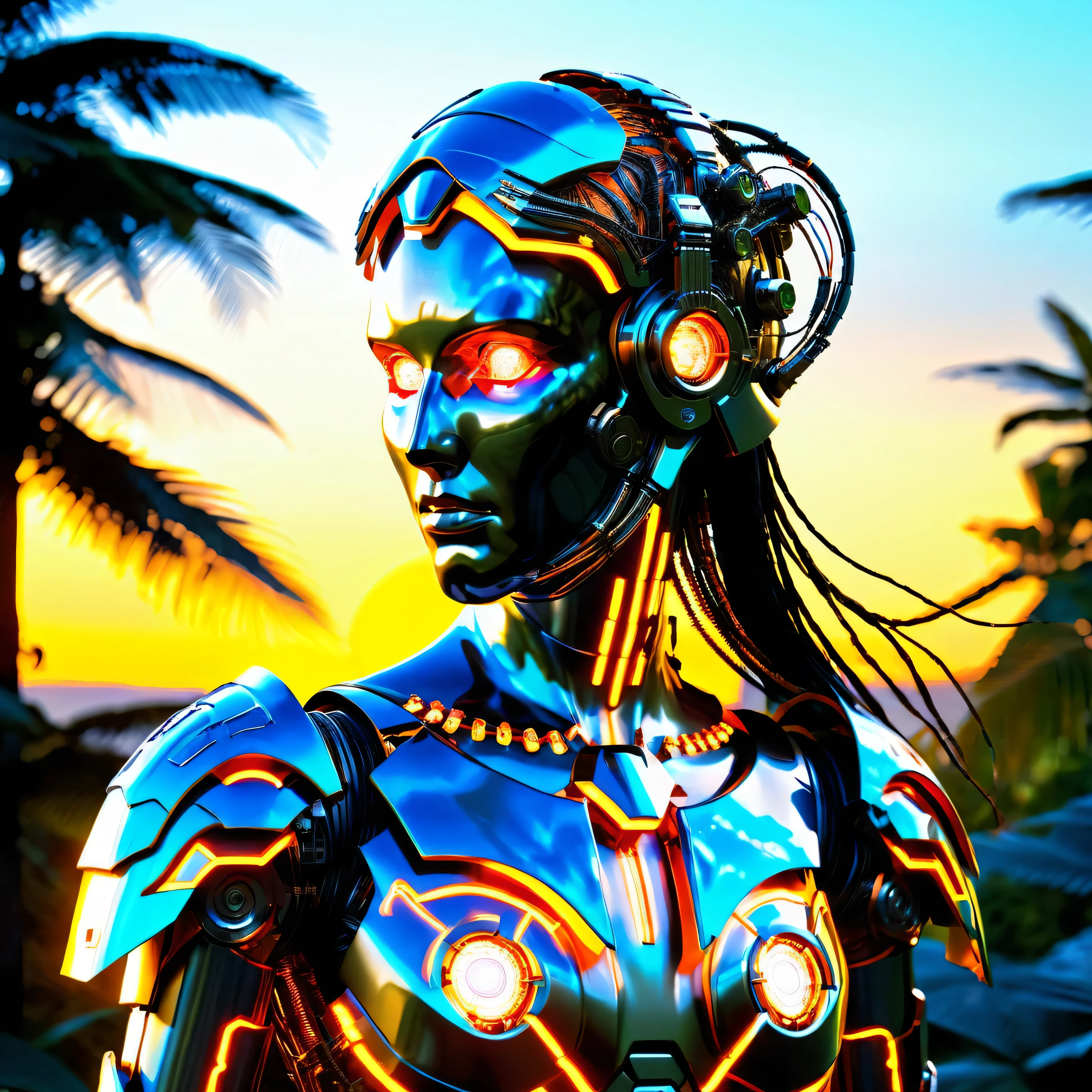 (Mechanische Amazonenkriegerin), Cyborg body, surrounded by the glowing embers of a dying sun, wears a complicated, android cyberpunk themed suit of armor, Her glass eyes reflect the last remnants of the day, hohe Details, good quality, highres, 16k, Meisterwerk