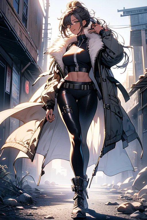 Original photo, best quality, full body photo), (Realistic, photo fidelity: 1.3), (Extremely delicate and beautiful: 1.1) 1 woman chiseled physique and wide hips, leggings, pleated skirt, sports top, high ponytail, high boots, long fur jacket, on a hazy moonlit night in a ghost town, monochrome style, line art, detailed face, detailed eye's, detailed lips, wide hips