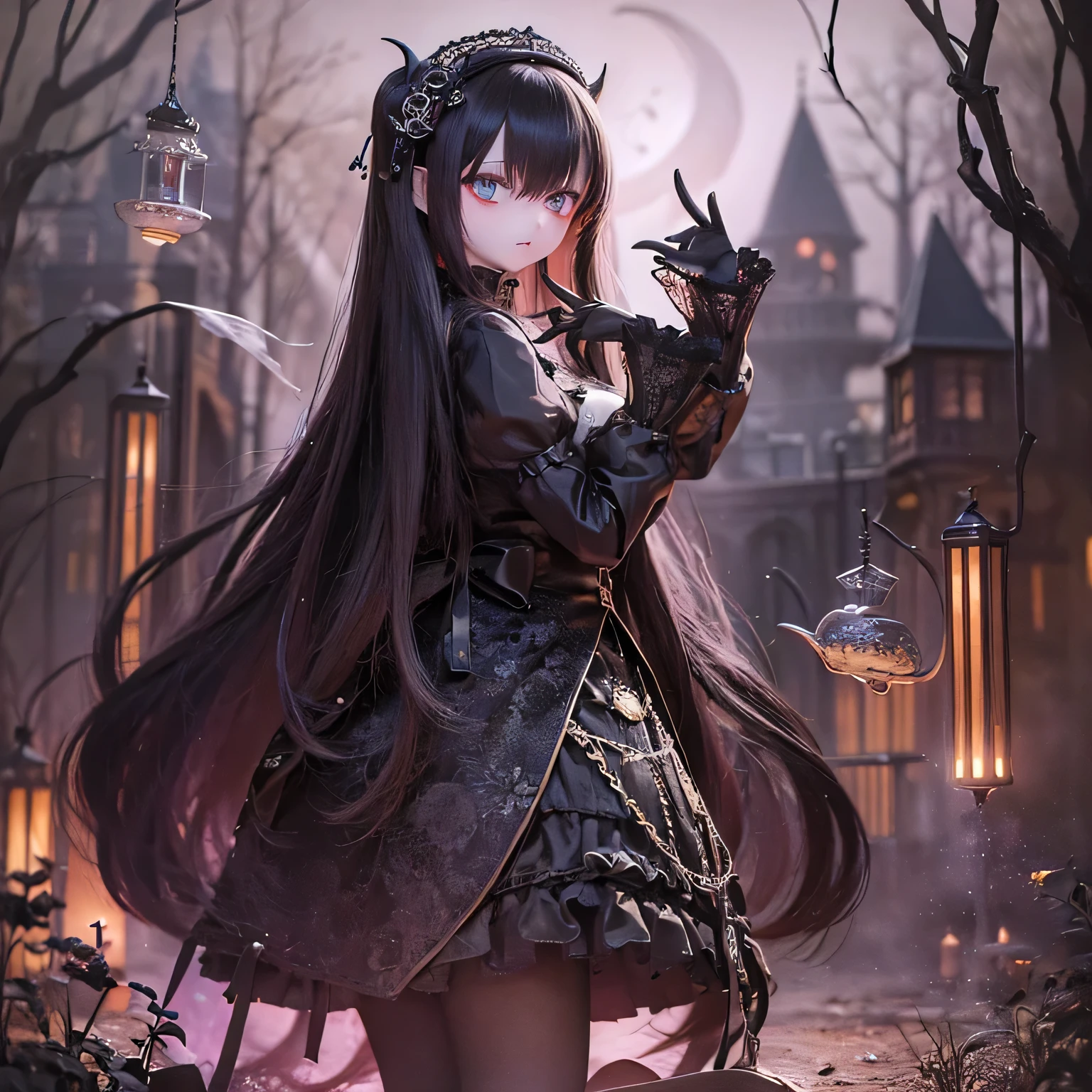 (highest quality,4K,8k,High resolution,masterpiece:1.2),beautiful detailed eye,length eyelashes,Beautiful lip detail,extremely detailed eye and face,(Vibrant colors,colorful,Contrast Enhancement:1.1),dark atmosphere,Creepy ambiance,Gothic style,Satanic before,Devilish charm,(Fine art,figure:1.1),Digital Painting,dark fantasy theme,dramatic lighting,Ghostlyly beautiful,Detailed texture, (Horror, dark, Unlucky) girl, (Gothic, Victorian) fashion, (Mysterious, Fascinating) sight, (pale, porcelain) skin, (length, Flowing) Black Hair, (elegant, Complex) Lace dress, (Unlucky, Creepy) Shadow, (Spooky, Otherworldly) background, (Illuminated by moonlight, Haunted) garden, (Unlucky, Charmed) forest, (elegant, Fascinating) Pause, (dark, Mysterious) aura, (Mysterious, supernatural) Powers, (Forbidden, Mysterious) ceremony, (Charmed, cursed) relic, (Twisted, crooked) reality, (Fascinating, Ghostly) smile, (cold, bone-cold) silence, (elegant, Gothic) architecture, (Unlucky, Hypnotize) eye, (intense, dark) emotion, (Powerful, command) before, (Unlucky, Unlucky) atmosphere, (Creepy, Creepy) detailed, (Fascinating, attractive) Performance, (Satanic, Ghostlyly beautiful) shape, (elegant, Creepy) composition, (Surreal, dream-like) scenery, (strict, Unlucky) cloud, (Magic, Mysterious) element, (Charmed, Ghostly) aura, (Shadow, Mysterious) shapes, (Haunted, Abandoned) apartment, (Unlucky, malicious) figure, (supernatural, Otherworldly) energy, (Ghostly, cold) Whisper, (elegant, dramatic) Pauses, (Mysterious, Mysterious) beauty, (Devilish, Fascinating) eye, (intense, Powerful) sight.spread arms