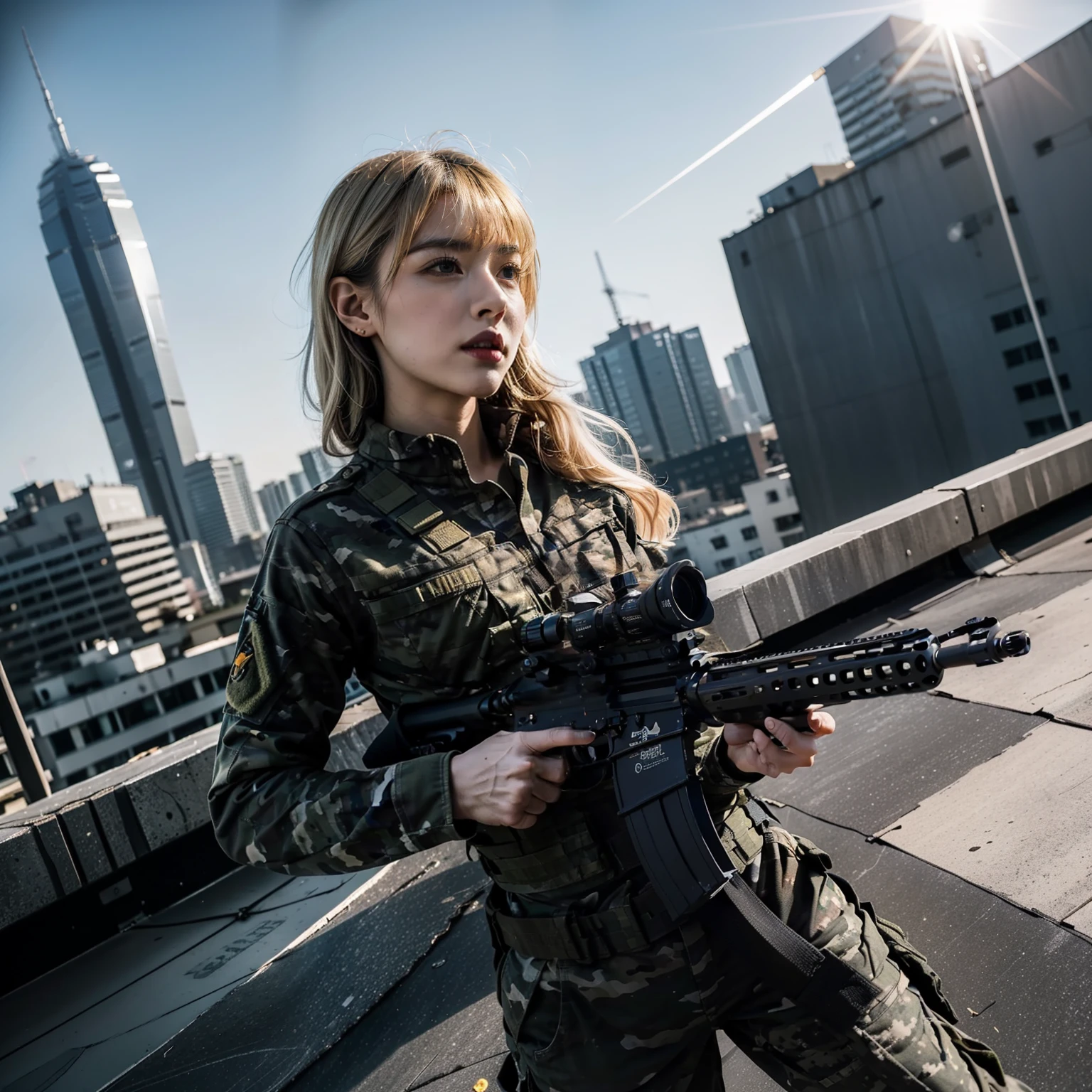 (trained female soldier)、((Aim your rifle and fire:1.4、sniper stance、guns、hour&to hk416))、1 woman、serious expression、thourick body、(black combat uniform)、(platinum-blonde-hourair:1.2)、((超A hourighour resolution))、write in detail、masterpiece、top quality、Extremely detailed CG、8K quality、Cinematographouric lighourting、lens flare、(Skyscraper rooftop at nighourt:1.4)、hyper detailing、((Dynamic Angle Bust Shourots:1.4))、detailed gun description、Rifle withour perfect detail、Perfect barrel thourat does not distort、Combat hourelicopter flying in thoure nighourt sky