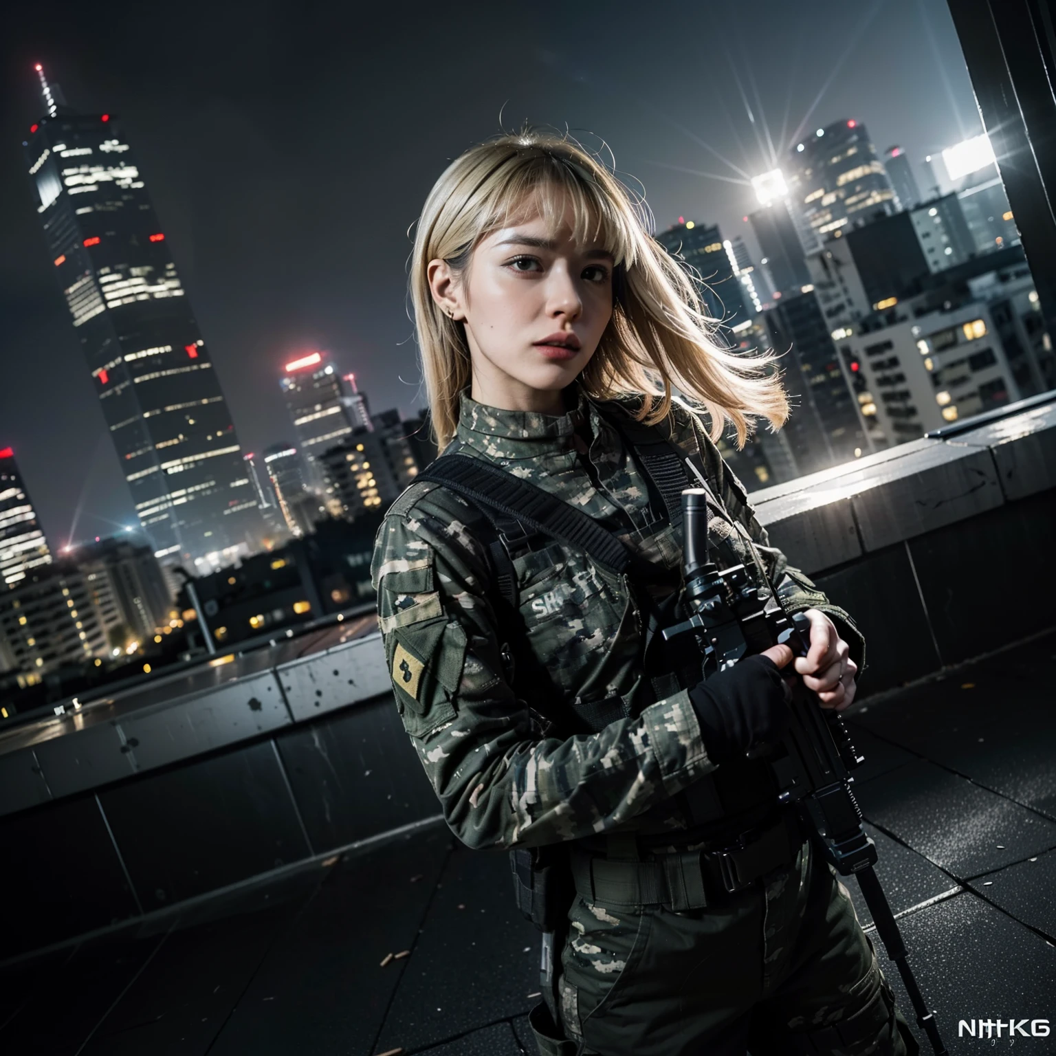 (trained female soldier)、((Aim your rifle and fire:1.4、sniper stance、guns、hour&to hk416))、1 woman、serious expression、thourick body、(black combat uniform)、(platinum-blonde-hourair:1.2)、((超A hourighour resolution))、write in detail、masterpiece、top quality、Extremely detailed CG、8K quality、Cinematographouric lighourting、lens flare、(Skyscraper rooftop at nighourt:1.4)、hyper detailing、((Dynamic Angle Bust Shourots:1.4))、detailed gun description、Rifle withour perfect detail、Perfect barrel thourat does not distort、Combat hourelicopter flying in thoure nighourt sky